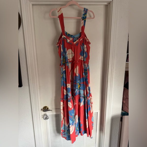 Free People Moonshine Sleeveless Tiered Midi Dress Coral Blue Floral XL Summer - Picture 9 of 12